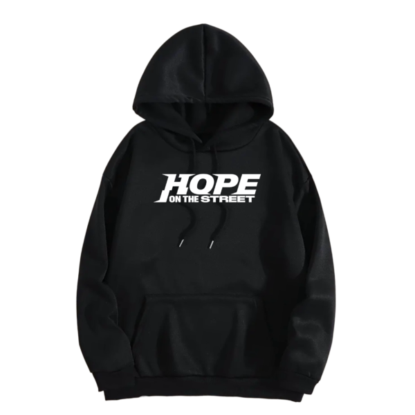POLERON NEGRO CON GORRO JHOPE HOPE ON THE STREET LETRA BLANCA