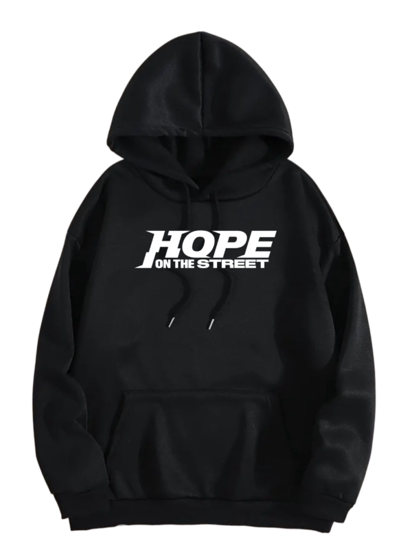 POLERON NEGRO CON GORRO JHOPE HOPE ON THE STREET LETRA BLANCA