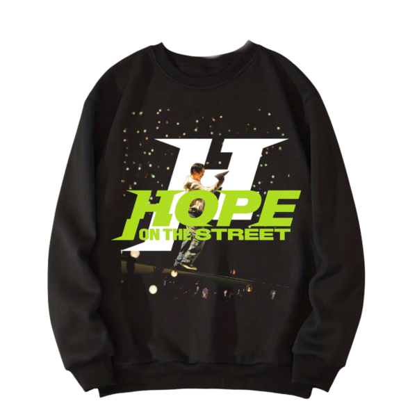 POLERON NEGRO CON GORRO JHOPE HOPE ON THE STREET LETRA VERDE